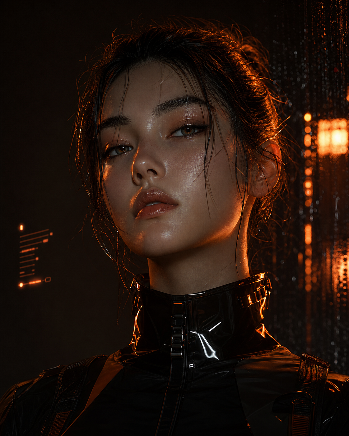 Close-up portrait render of a cyber editorial female character in orange light