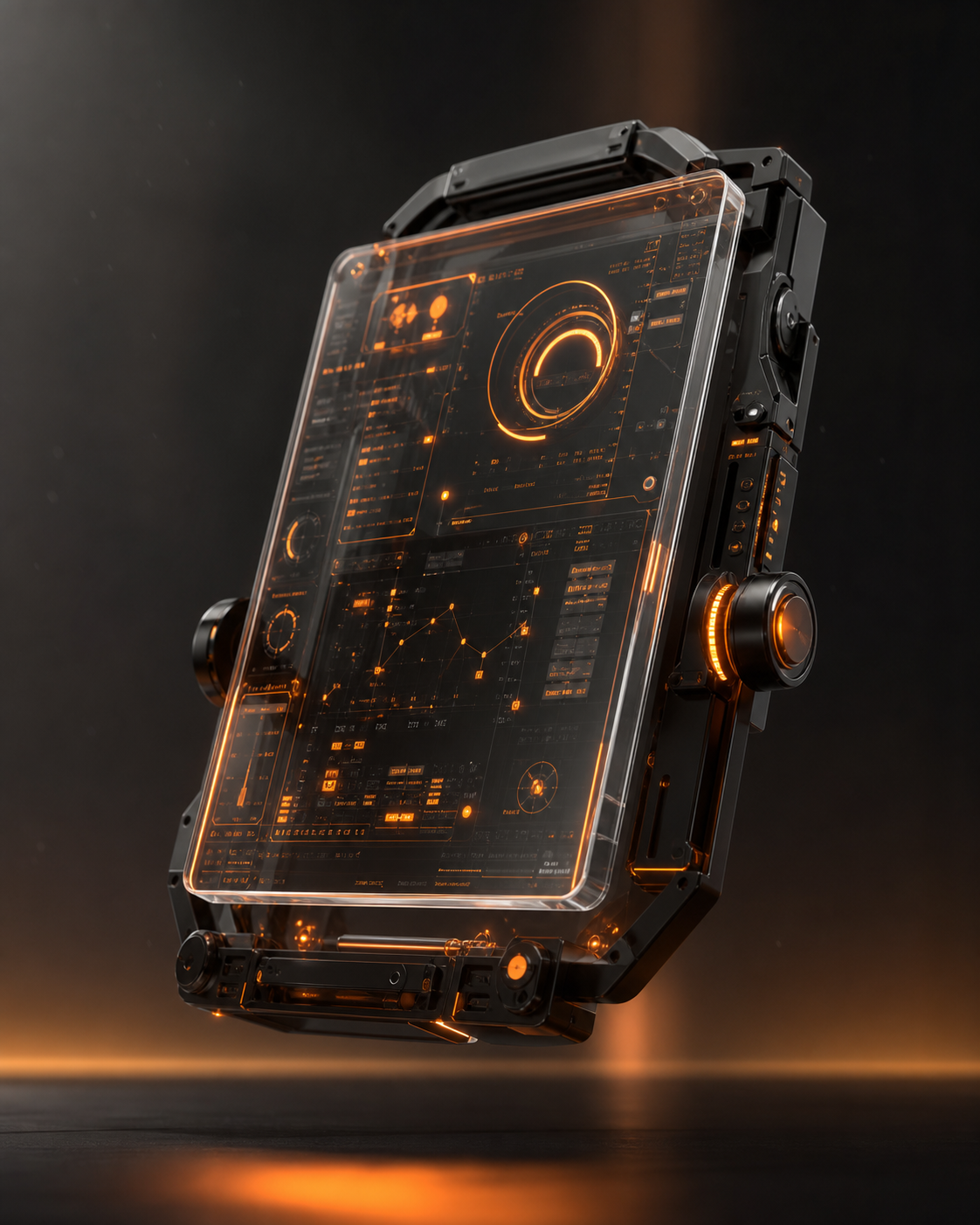 Floating transparent interface artifact with orange abstract data panels