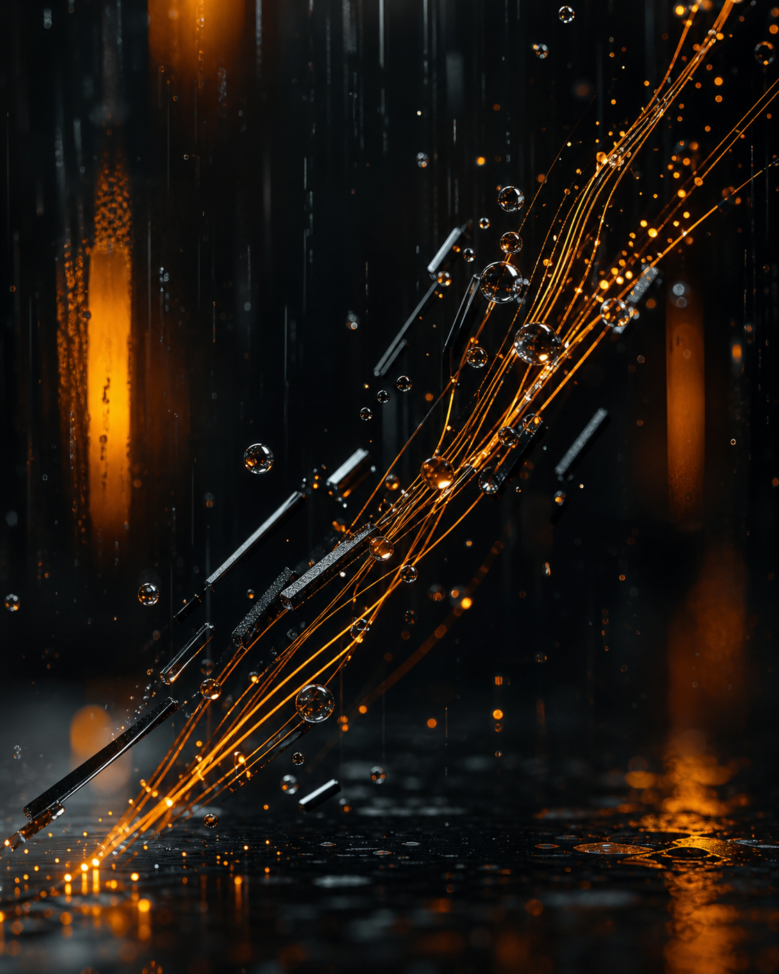 Abstract rain and orange signal lines with glass droplets in a dark environment