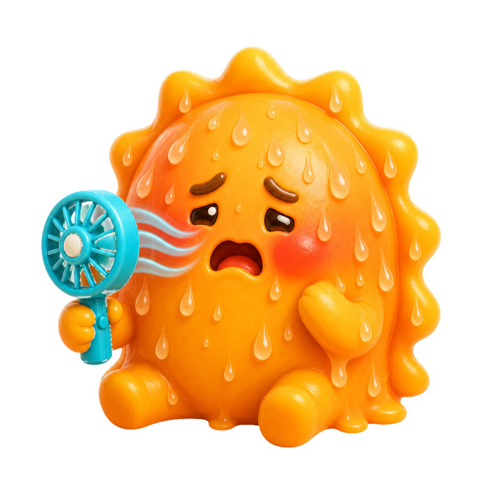 香港體感 sweating sun mascot holding a small fan.
