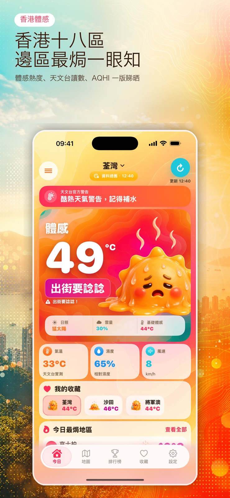 香港體感 App Store 宣傳圖：十八區體感溫度與天氣首頁。