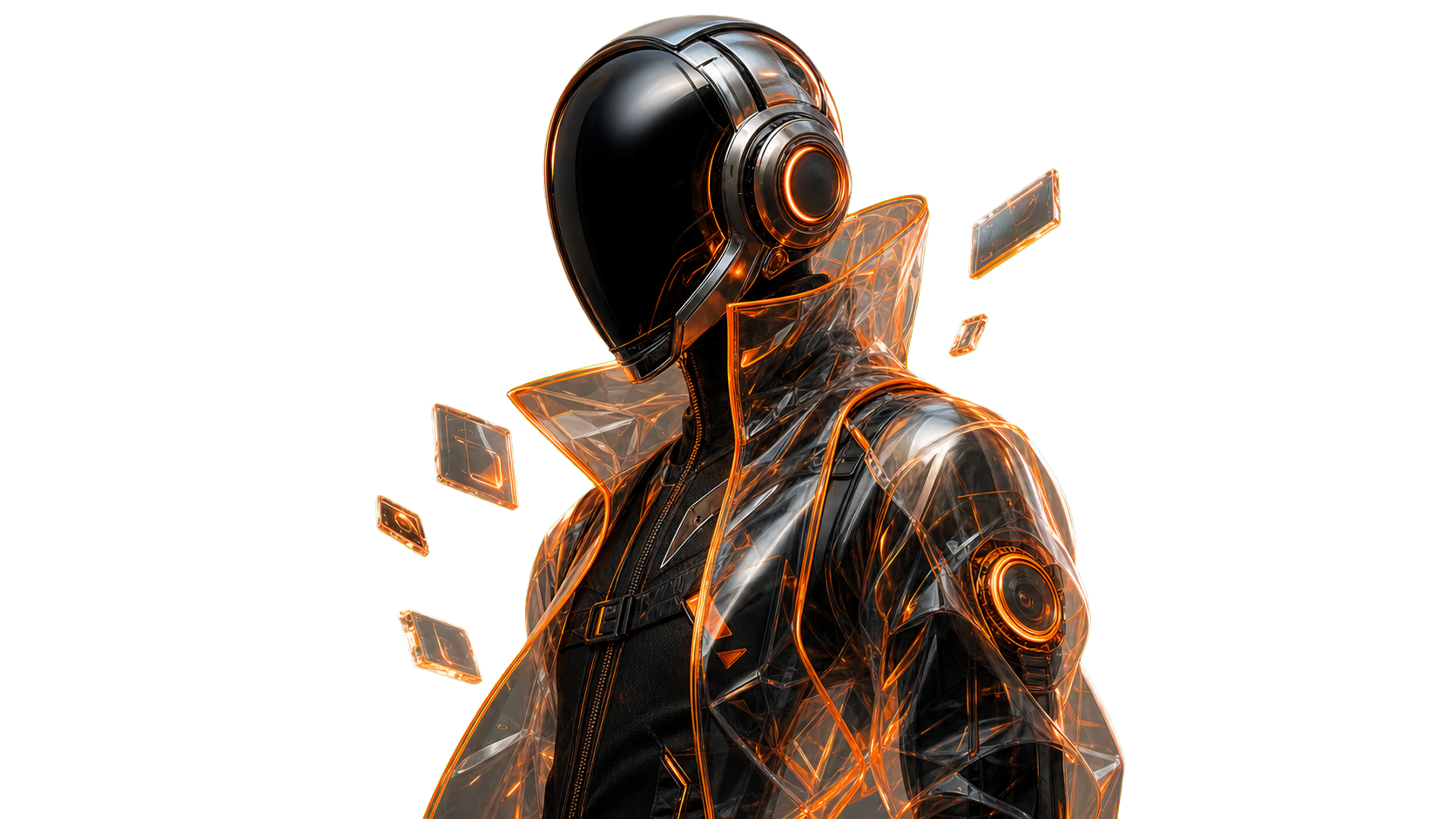Standalone transparent 3D render element of a chrome cyber model with floating interface panels