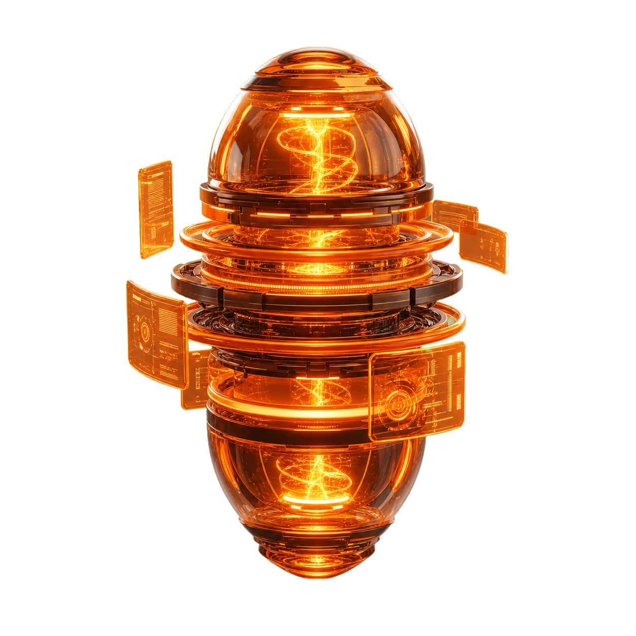 Standalone transparent 3D render element of a floating orange AI interface core