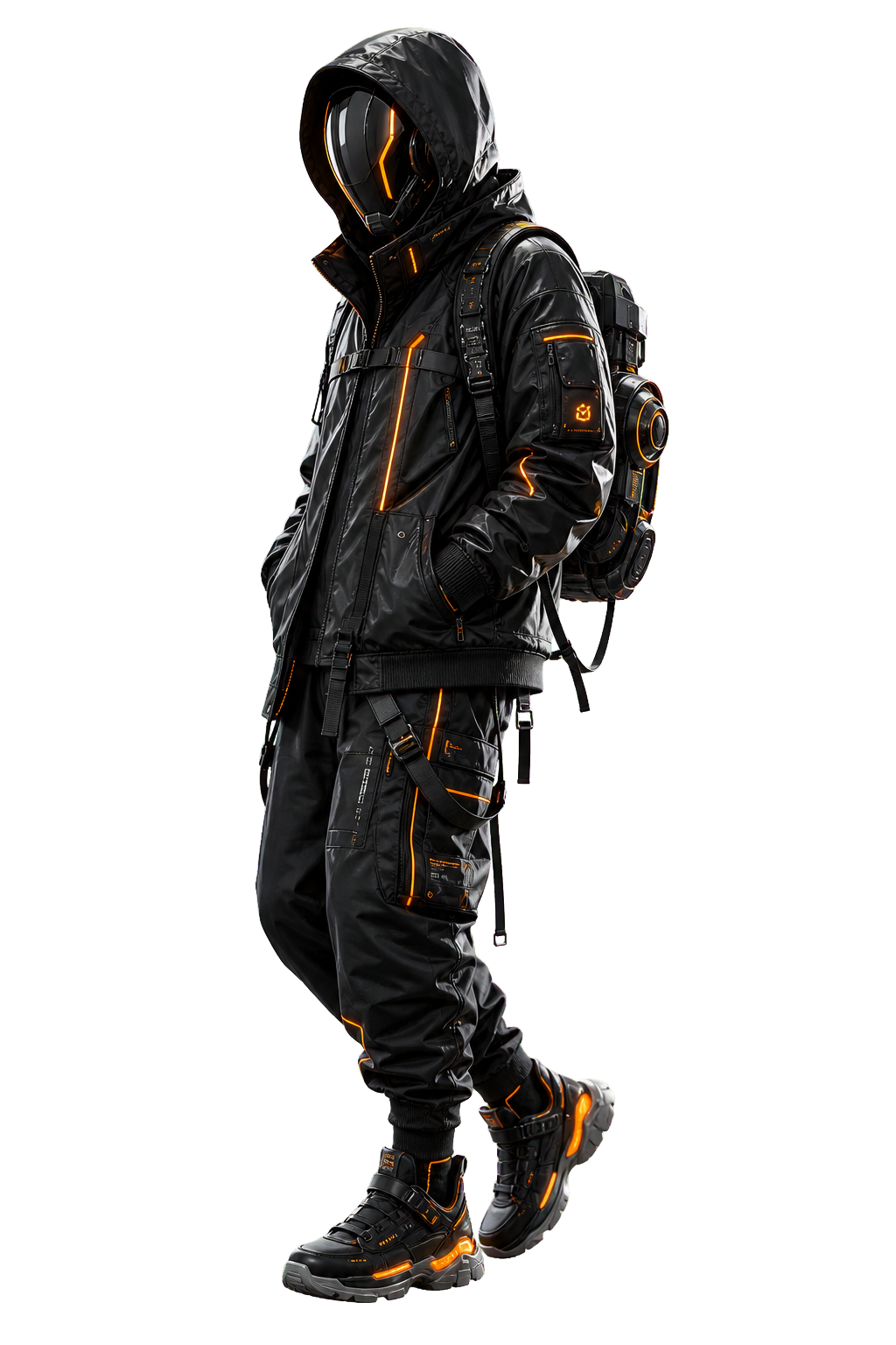 Standalone transparent 3D render element of a glossy cyber techwear suit